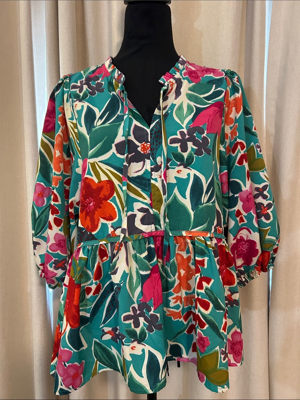 Umgee Teal Floral Button-Front Top with Pink and Purple Accents